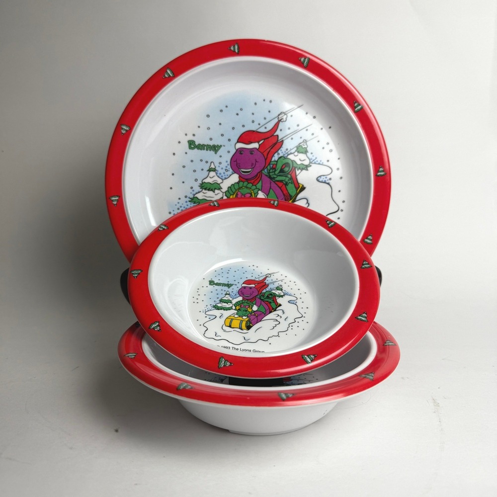Vintage 1993 Barney Christmas Melamine Plate and Bowls Set Selandia 3 Piece